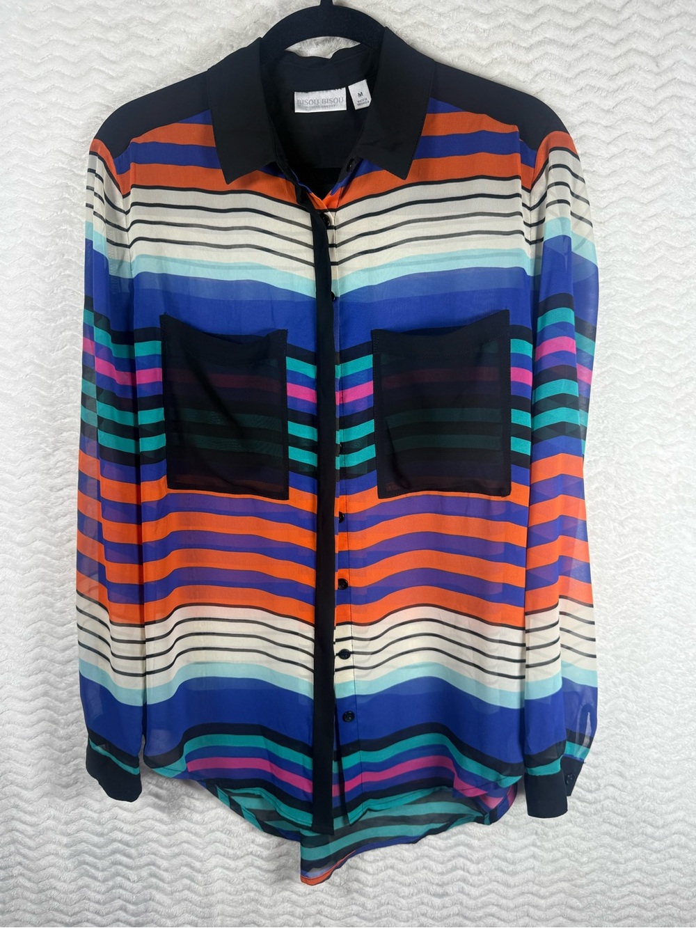 Bisou Bisou horizontal rainbow striped semi-sheer button-up blouse. 🤩🧡